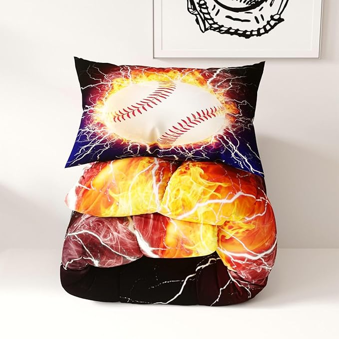 Baseball Comforter Set, 3D Sports Pattern for Kids Teens Adults,Decorative Bedding Comforter Sets with 2 Pillow Shams, Twin Size