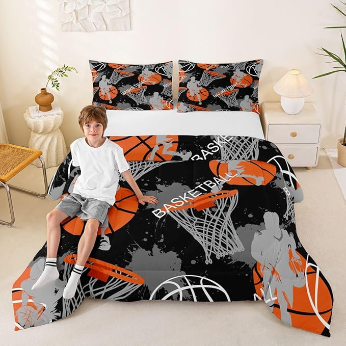 Erosebridal Basketball Comforter Set Toddler Size,Kids Sports Theme Bedding Set,Boys Black Basketball Comforter Duvet Set,Ball Games Reversible Quilt Set with 1 Pillowcase