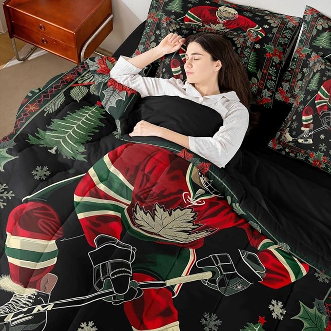 Erosebridal Ice Hockey 7 Piece Comforter Set Queen | Christmas Theme Puck Player Bed in A Bag Athletic Competitive Games Sheet Set Reversible Winter Sports Fitted Sheet Breathable Lightweight