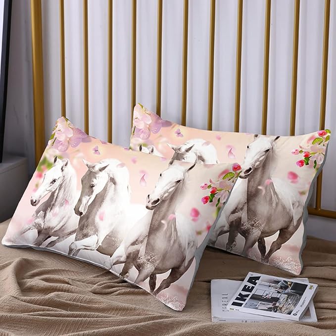 HOSIMA Horse Bedding - Pink Cherry Blossom Printed Queen Comforter Set With 2 Pillowcases - 3D Farm Wild Animal Pattern for Girls and Teens - Western Bedding Set Theme