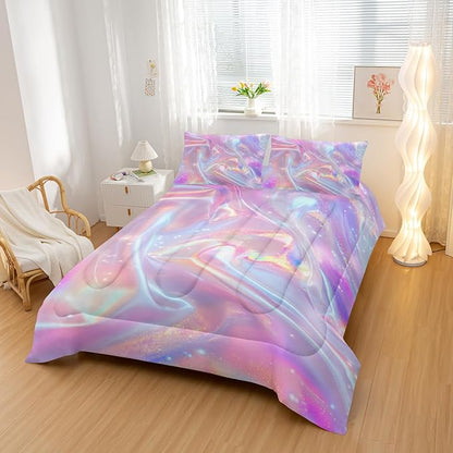Pink Abstract Art Comforter Modern Abstract Comforter Set,Rainbow Gradient Star Bedding Set Twin Size 3PCS,Mordern Art Decor All Season Lightweight Soft Microfiber with 2 Pillow Shams