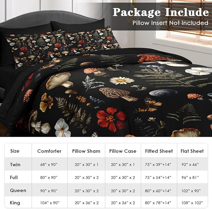 Comforter Set Full Size, Woodland Mushroom 7 Pcs Bedding for Kids and Adults, Fern Plants Botanical Bed Sheet Sets with Fitted Sheet 2 Pillowcases & 2 Shams for Bedroom Bed Decor