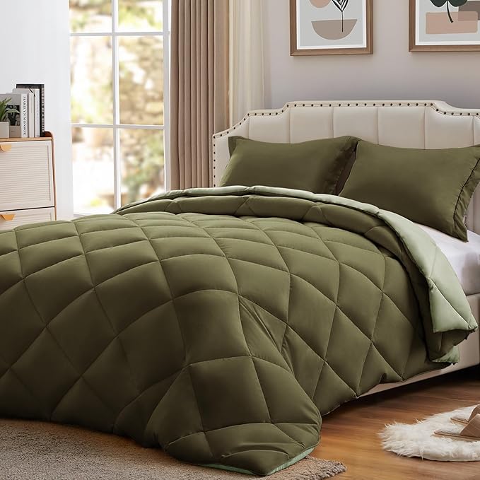 NexHome Queen Comforter Set Olive&Sage,3 Pieces Lightweight Comforters Queen Size Reversible Bedding Comforters Sets,Down Alternative Comforter Bed Set Quilt Blanket(88x88In Comforter & 2 Pillowsham)