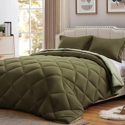 NexHome Queen Comforter Set Olive&Sage,3 Pieces Lightweight Comforters Queen Size Reversible Bedding Comforters Sets,Down Alternative Comforter Bed Set Quilt Blanket(88x88In Comforter & 2 Pillowsham)