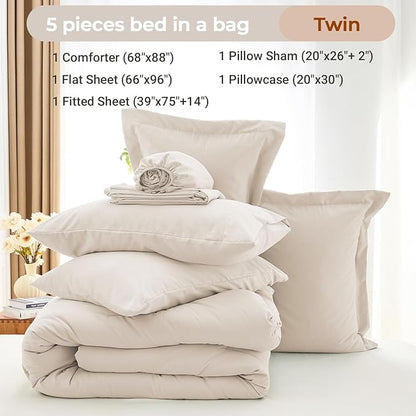 MUXHOMO 5 Pieces Twin Comforter Set, Soft Bed in a Bag Twin Size, All Season Bedding Set with Comforter, Flat Sheet, Fitted Sheet, Pillowcases & Shams, Beige