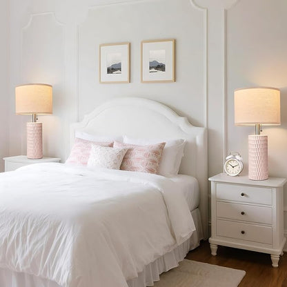 20.5" Modern Ceramic Table Lamps for Bedroom Set of 2, Bedside Lamps for Night Stands with Beige Lampshade, Farmhouse Table Lamp for Living Room Office Dorm, Pink