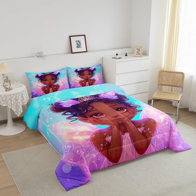 Manfei Cute Black Princess Comforter Set King Size, Little Girl with Wings Bedding Set American Stlye, Kids Room Decor, Blue Purple Galaxy Down Comforter, Reversible Quilt Set,2 Pillowcases