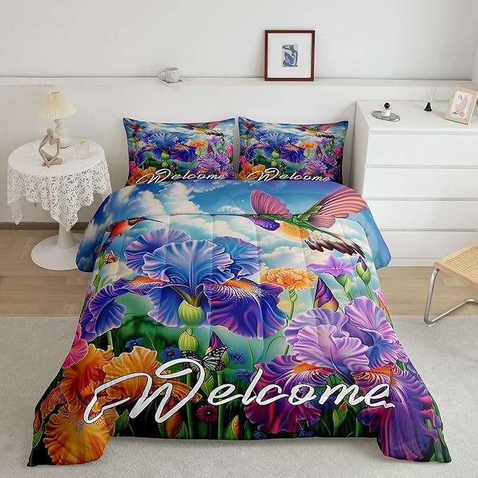 Erosebridal Tropical Hummingbird Bedding Sets King Purple Iris Flower Comforter Set for Kids Girls Women Cute Bird Butterfly Bed Comforter Set Farmhouse Garden Blossom Floral Quilt Duvet