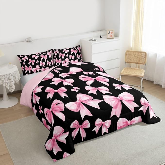 Feelyou Pink Bow Comforter Set All Season Cute Bowknot Bedding Set with 1 Pillow Cases Kawaii Black Pink Kids Twin Bedclothes Princess Decor Bedroom Decor Duvet Quilt Breathable Soft Lightweight