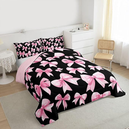 Feelyou Pink Bow Comforter Set All Season Cute Bowknot Bedding Set with 2 Pillow Cases Kawaii Black Pink Kids Full Bedclothes Princess Decor Bedroom Decor Duvet Quilt Breathable Soft Lightweight