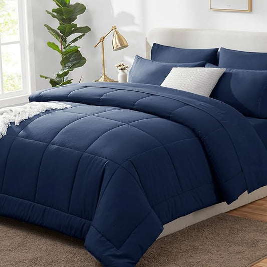 CozyLux Queen Comforter Set Navy Blue, 7 Pieces Bed in a Bag, Blue Comforter Queen Size, All Season Bedding Sets with Stitch Quilted Comforter, Flat Sheet, Fitted Sheet, Pillowcases