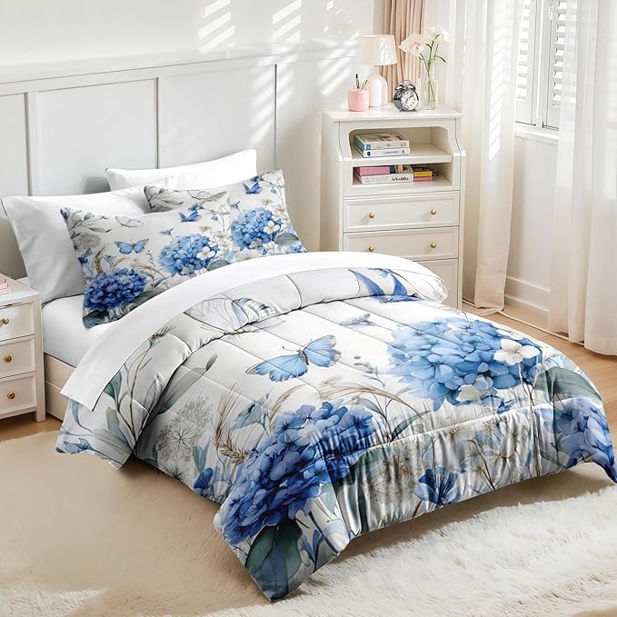 Nesker 7 Pcs Spring Comforter Set Queen Size, Blue Hydrangea Floral Bedding Set for Kids and Adults, White Flower Bed Sheet Sets with Fitted Sheet 2 Pillowcases & 2 Shams