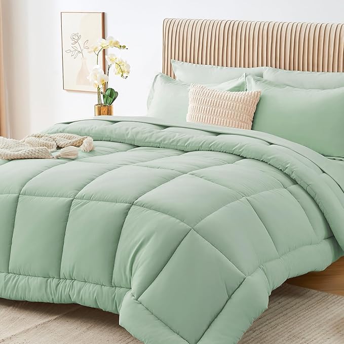 Sasttie Queen Comforter Set, 7 Pieces Bed in a Bag Queen, Complete Bedding Set Includes Comforter, Flat Sheet, Fitted Sheet, Pillowcases and Pillow Shams, Sage