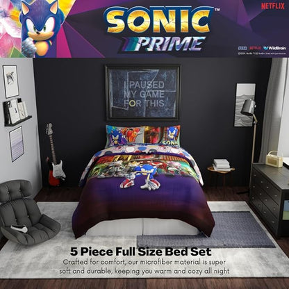 Sonic The Hedgehog Prime Anime Kids Bedding Super Soft Comforter and Sheet Set, 5 Piece Full Size, (Officially Licensed Product) by Franco
