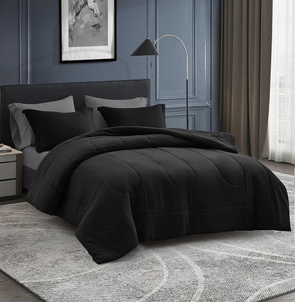 Maple&Stone Oversized Queen Comforter Sets 7 Pieces Bed in a Bag - Down Alternative Bed Set with Comforter, Sheets, Pillowcases & Shams, All Season Lightweight Bedding Set (Black,98x98)