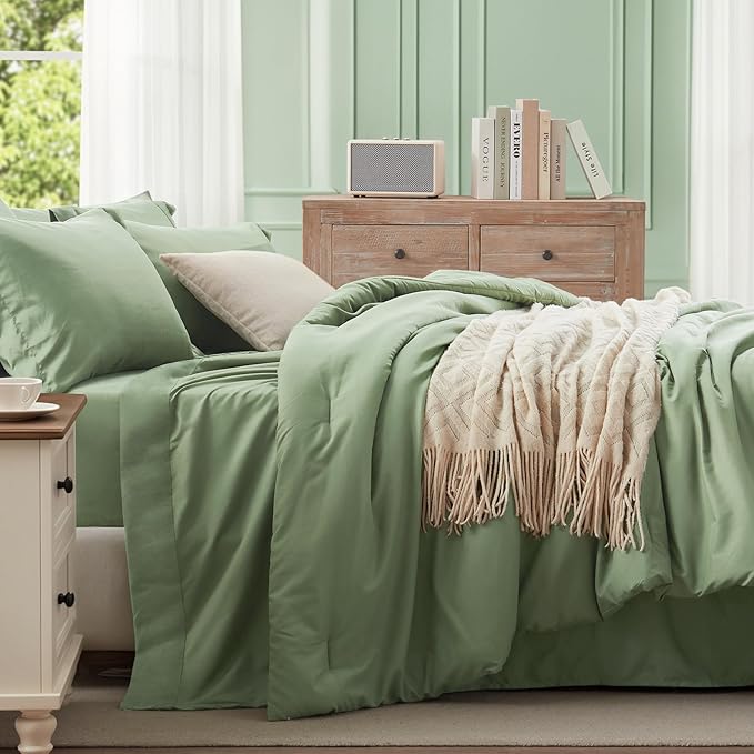 Anluoer Sage Green Twin Size Comforter Set 5 Pieces, Bed in a Bag with Sheets, All Season Bedding Sets with 1 Comforter, 1 Pillow Sham, 1 Pillowcase, 1 Flat Sheet, 1 Fitted Sheet