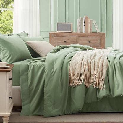 Anluoer Sage Green Twin Size Comforter Set 5 Pieces, Bed in a Bag with Sheets, All Season Bedding Sets with 1 Comforter, 1 Pillow Sham, 1 Pillowcase, 1 Flat Sheet, 1 Fitted Sheet
