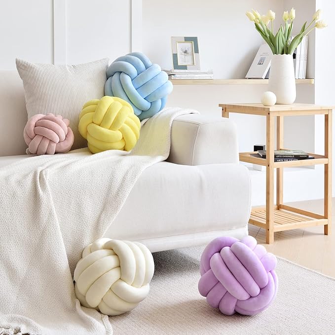 Sioloc Soft Knot Ball Pillows,Round Throw Pillow Cushion Home Decoration Plush Pillow,Throw Knotted Pillow Handmade Round Plush Pillow（13.7inches,Yellow）