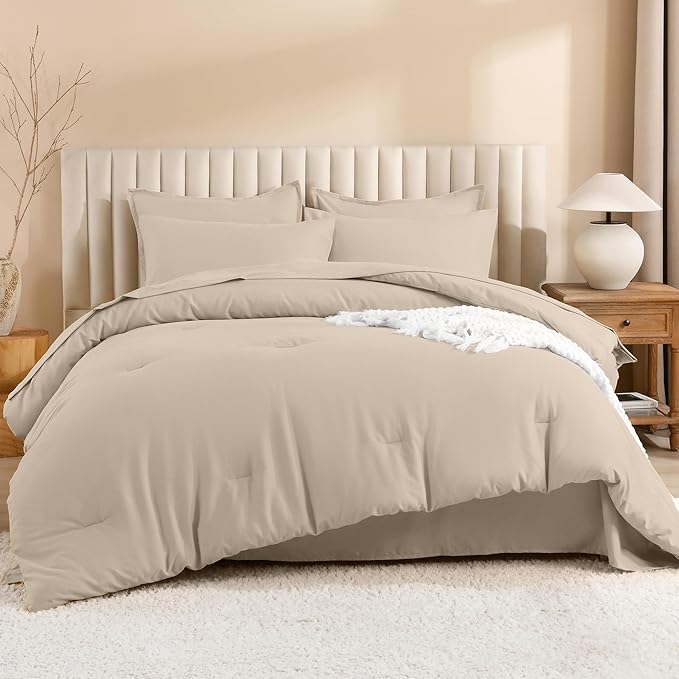 Litanika Comforter King Size Set Khaki - 7 Pieces Bed in a Bag King Bedding Comforter Sets, Plain Lightweight Bed Set with Comforter, Sheets, Pillowcases & Shams