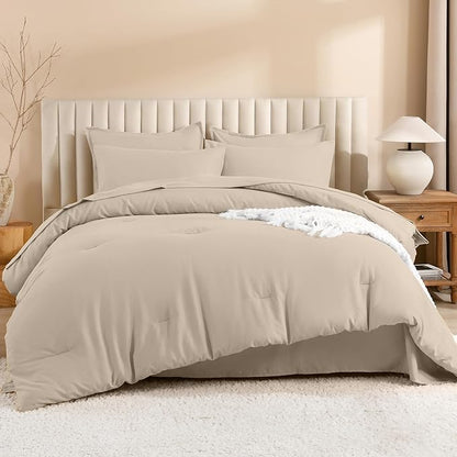 Litanika Comforter Queen Size Set Khaki - 7 Pieces Bed in a Bag Queen Bedding Comforter Sets, Plain Lightweight Bed Set with Comforter, Sheets, Pillowcases & Shams