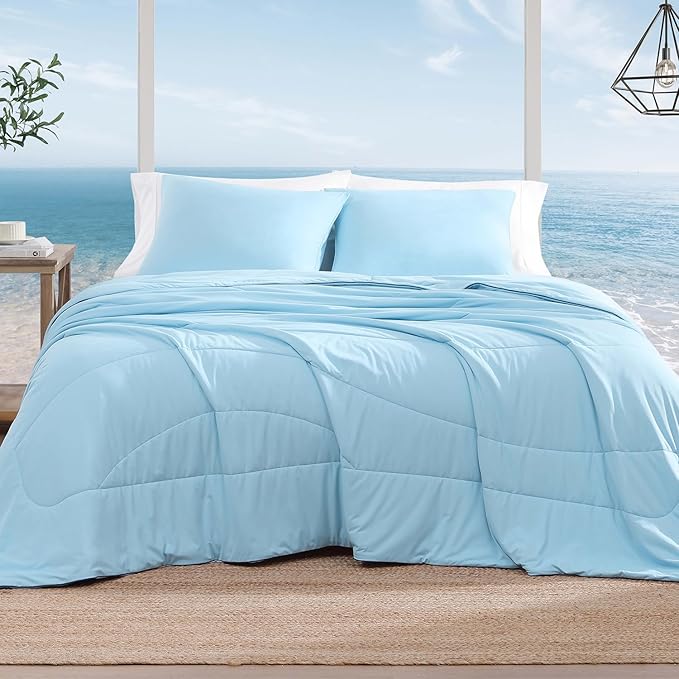 Monbix ChillChilla Cooling Comforter Queen Size-3 Pieces Cooling Blankets for Hot Sleepers and Night Sweats, Double-Sided Summer Queen Comforter Set, Breathable Lightweight Blanket Blue