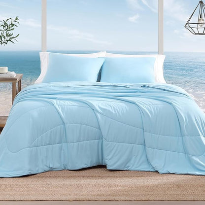 Monbix ChillChilla Cooling Comforter Queen Size-3 Pieces Cooling Blankets for Hot Sleepers and Night Sweats, Double-Sided Summer Queen Comforter Set, Breathable Lightweight Blanket Blue