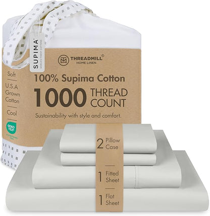 Threadmill Supima Cotton Sheets, 1000 Thread Count Soft 100% Cotton Sheets for Cal King Size Bed, 4 Pc Light Grey Cal King Bed Sheet Set, 5-Star Hotel Quality, Elasticized Deep Pocket Cal King Sheet