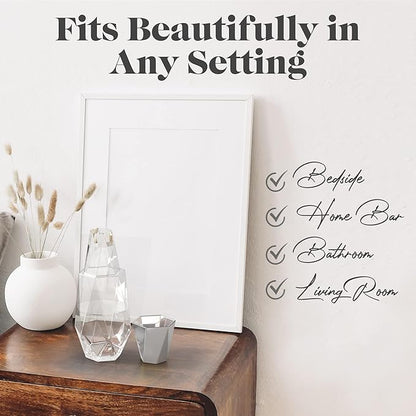 American Atelier 37 oz Fifth Avenue Decorative Bedside Water Carafe & Tumbler with Lid – 9" Silver Glass Pitcher Set for Nightstand, Guest Room, Office & Bedroom Hydration, Elegant Drinkware (Silver)