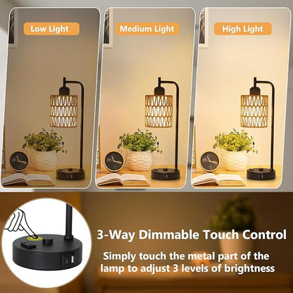 Touch Control Boho Table Lamps Set of 2, 3 Way Dimmable Desk Lamp with LED Bulbs, Rattan Bedside Lamp for Bedroom With Charging Ports and Outlet, Small Nightstand Lamp for Living Room Home Office