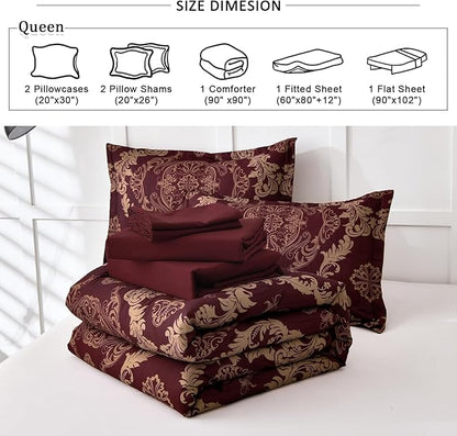WONGS BEDDING Burgundy Comforter Set Full Size, Maroon Damask Texture 7 Pieces Bed in a Bag Microfiber Comforter Bedding Sets -1 Comforter, 1 Flat Sheet, 1 Fitted Sheet, 2 Pillow Shams,2 Pillowcases