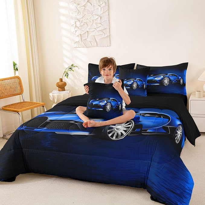 Feelyou Sports Car 7 Piece Bedding Set Blue Race Car Comforter Set with Sheets for Kids Boys Girls Extreme Sports Theme Bed in a Bag Cool Speed Luxury Car Decor Bed Set with 2 Pillowcases Full