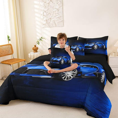 Feelyou Sports Car 7 Piece Bedding Set Blue Race Car Comforter Set with Sheets for Kids Boys Girls Extreme Sports Theme Bed in a Bag Cool Speed Luxury Car Decor Bed Set with 2 Pillowcases Full