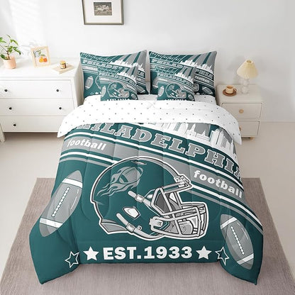 Feelyou Football 7 Pieces Comforter Sets Queen Size Kids Rugby Sports Bedding Set for All Season Football City Bed in a Bag with Comforter, Sheets, Pillowcases & Cushion Cover