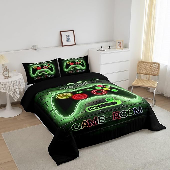 jejeloiu Green Gamer Gaming Bedding Set Twin Size for Boys Game Console Comforter Set Kids Teens Neon Light Duvet Set Cool Game Room Decor Quilt Set 2Pcs