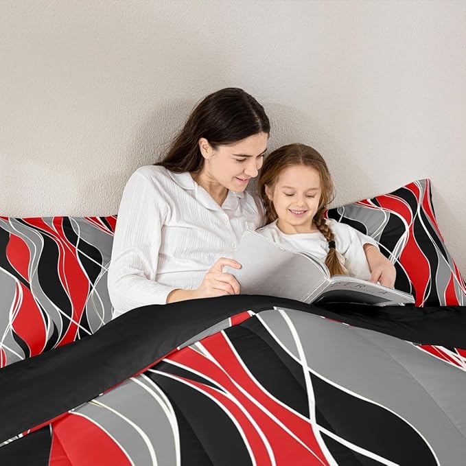 Erosebridal Red Stripe Comforter Twin Black and Grey Modern Bedding Set, Geometric Lines Down Comforter Abstract Aesthetic Bed Set, All-Season Super Cozy Breathable Quilted Duvet Room Decorations 2pcs