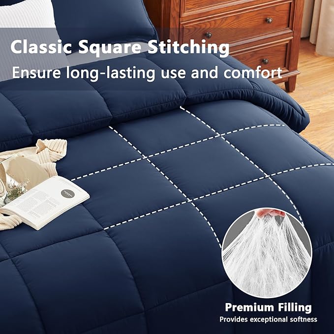 CozyLux Oversized King Comforter Set, 3 Pieces Navy Blue 120x98 Box Stitched Design Soft Bedding Set, All Season Lightweight Breathable Bed Set with 1 Down Alternative Comforter and 2 Pillow Shams