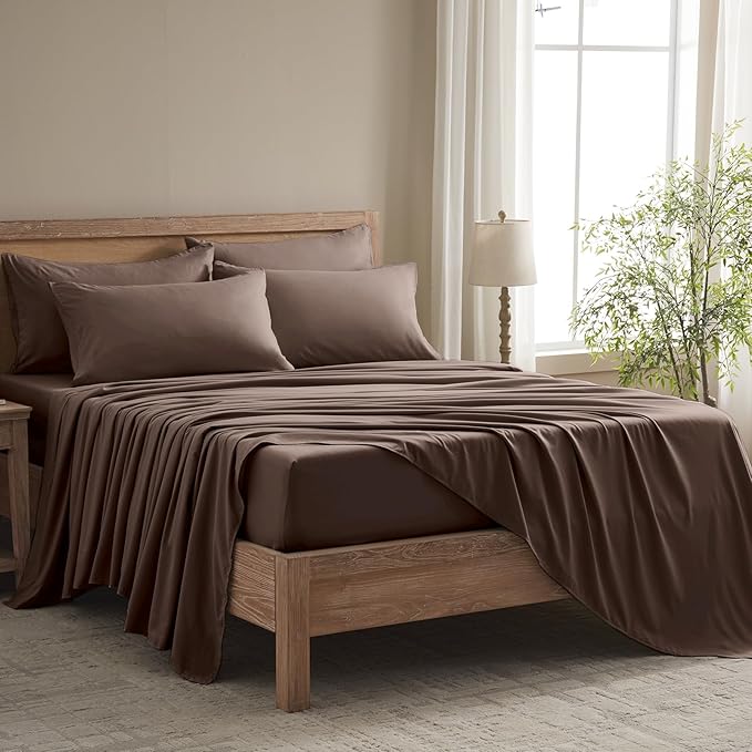 Cal King Size Sheets Set - 6 Piece Luxuriously Soft & Cooling Sheets Cal King Size - Ultra Soft 16" Deep Pocket Cal King Sheet Set - Fitted Sheet & Pillowcase Sets (Cal King Dark Brown)