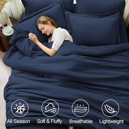 FUANNA King Size Comforter Sets Navy Blue, 7 Pieces Soft Bedding Set, All Season Lightweight Bed in a Bag with Comforter, Flat Sheet, Fitted Sheet, Pillowcases & Shams