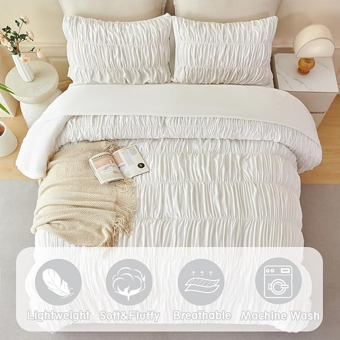 PERFEMET White Bedding Queen Size Set, 5 Pieces Fluffy Ruched Comforter (90"x90"), Luxury Soft Boho Chic Ruffled Bed in a Bag with Sheet, All Season Farmhouse Pleated Texture Bed Sets(White, Queen)