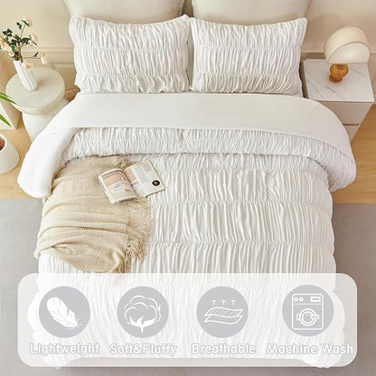 PERFEMET White Bedding Twin Size Set, 5 Pieces Fluffy Ruched Comforter Set, Luxury Soft Boho Chic Ruffled Bed in a Bag with Sheet, All Season Farmhouse Pleated Texture Bed Sets(White, Twin)