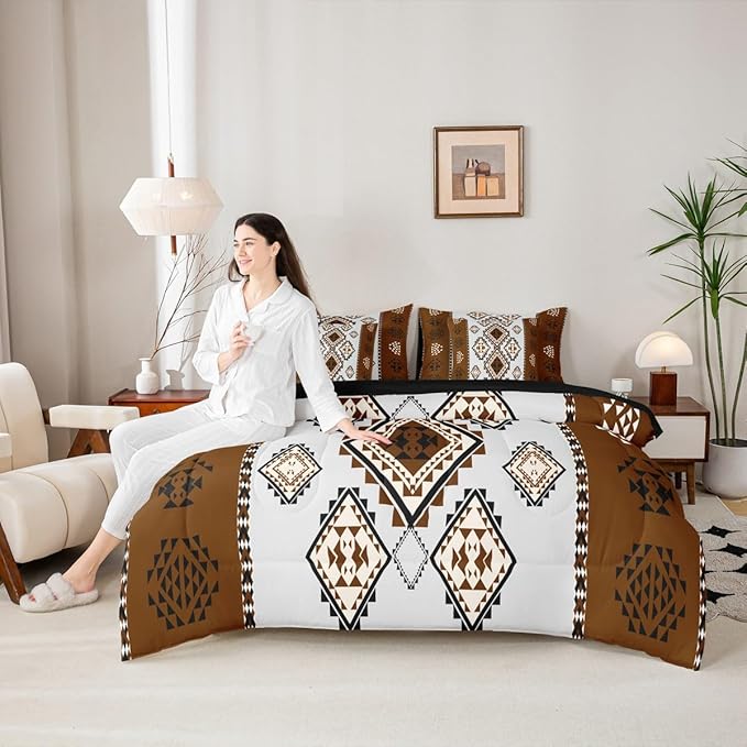 Erosebridal Farmhouse Aztec Bedding Set Full 7-Piece Rustic Vintage Southwestern Comforter Set Western Ethnic Geometric Diamond Bed in A Bag for Kids Boys Men Boho Country Tribal Art Room Decor