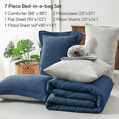 BEDELITE Queen Comforter Set 7 Pieces Bed in A Bag - Soft Microfiber Reversible Calm Blue Bed Set with Comforters, Sheets, Pillowcases & Shams, Cozy Luxury Bedding Sets for All Season
