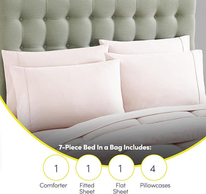 King Size Comforter Set with Sheets - 7-Piece Bedding Collection - 1 Comforter, 1 Fitted Sheet, 1 Flat, 4 Pillowcases - Deep Pocket - Soft & Premium Quality - Ideal for All Seasons, Pale Pink