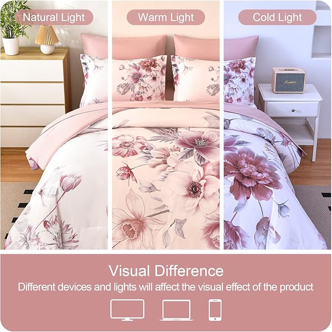 Floral Comforters Queen Size 7 Pieces Botanical Pink Bed in a Bag Ulter Soft Microfiber Bedding Set, Lightweight Bed Comforter Set with Sheets for All Season (Pink, Queen)
