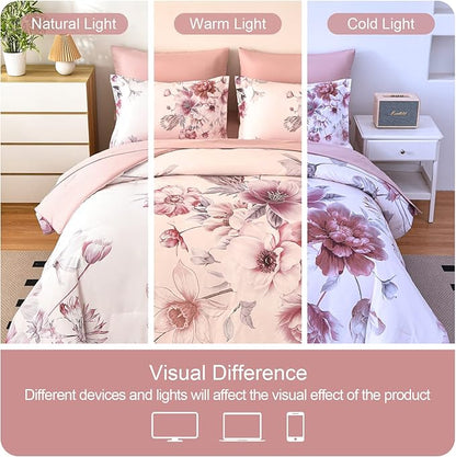 Floral Comforters Queen Size 7 Pieces Botanical Pink Bed in a Bag Ulter Soft Microfiber Bedding Set, Lightweight Bed Comforter Set with Sheets for All Season (Pink, Queen)