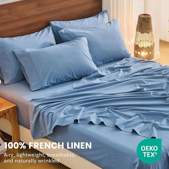 Bedlifes 100% French Flax Linen Sheets Set Queen Size - 6 Piece Extra Deep Pocket 18-24",Soft Breathable Queen Bed Sheets with Temperature Regulating & Moisture-Wicking(Flint Blue
