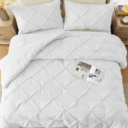 UNIKOME King Size Comforter Set White - Ultra Soft Boho Pintuck Down Alternative Bedding Set for All Seasons, 3 Pieces Lightweight Warm Pinch Pleat Bed Set with Comforter, 2 Pillowcases