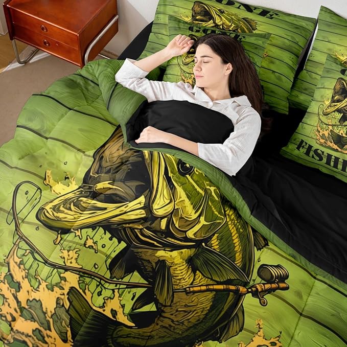 Erosebridal Big Pike Fish Hunting Green King 7-Piece Comforter Set | Wooden Print Underwater Sheets and Pillowcases Underwater Ombre Kids Boys Teens Bed in A Bag Vintage Retro Bed Sets
