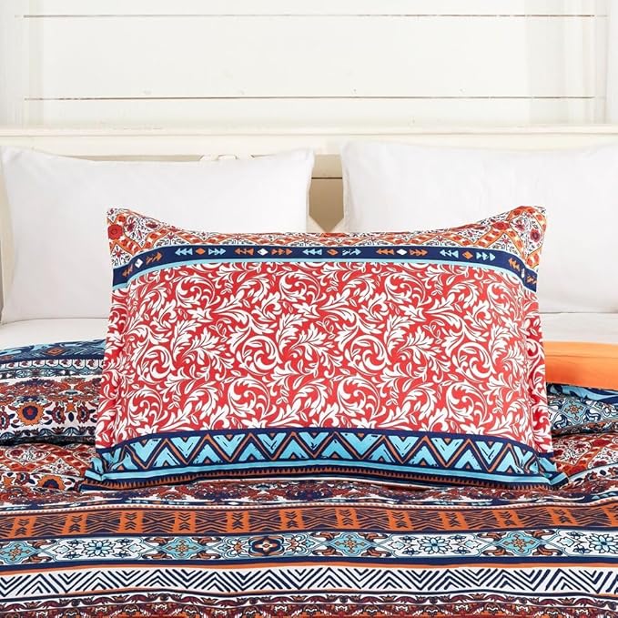 Chezmoi Collection Shore 3-Piece Boho Stripe Queen Comforter Set - Medallion Floral Colorful Navy Blue Orange Red White Bohemian Printed Microfiber Lightweight Bedding Comforter Set