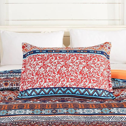 Chezmoi Collection Shore 3-Piece Boho Stripe Queen Comforter Set - Medallion Floral Colorful Navy Blue Orange Red White Bohemian Printed Microfiber Lightweight Bedding Comforter Set